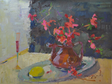 Painting titled "Flowers of the East" by Alexander Shandor, Original Artwork, Oil Mounted on Wood Stretcher frame