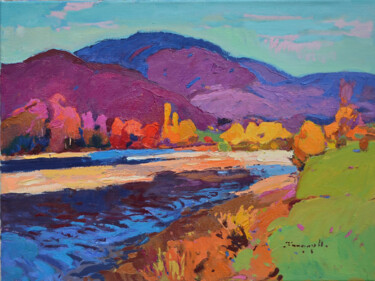 Painting titled "The bank of the riv…" by Alexander Shandor, Original Artwork, Oil Mounted on Wood Stretcher frame