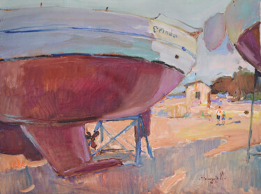 Painting titled "Grinda Yacht" by Alexander Shandor, Original Artwork, Oil Mounted on Wood Stretcher frame
