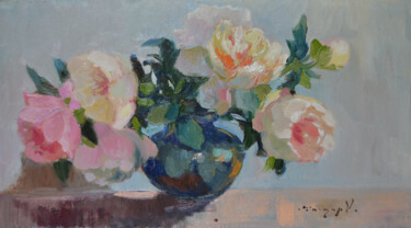 Painting titled "Peonies" by Alexander Shandor, Original Artwork, Oil Mounted on Wood Stretcher frame