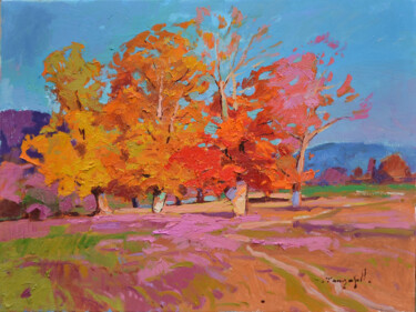 Painting titled "Red Autumn" by Alexander Shandor, Original Artwork, Oil Mounted on Wood Stretcher frame