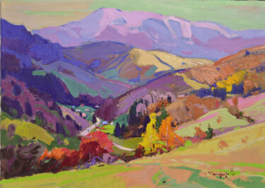 Painting titled "Pink Carpathians" by Alexander Shandor, Original Artwork, Oil Mounted on Wood Stretcher frame