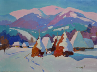 Painting titled "Snow covered haysta…" by Alexander Shandor, Original Artwork, Oil Mounted on Wood Stretcher frame