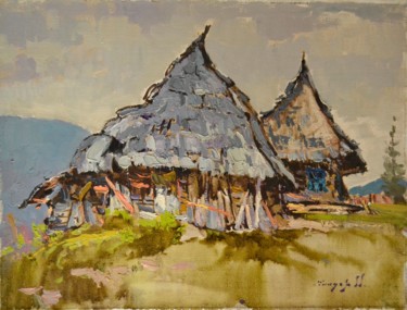 Painting titled "Houses on the farm" by Alexander Shandor, Original Artwork, Oil