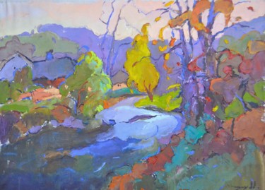 Painting titled "Trees by the river" by Alexander Shandor, Original Artwork, Oil