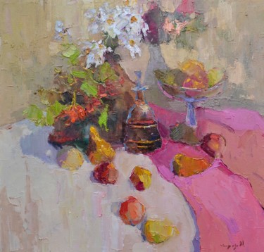 Painting titled "With Viburnum" by Alexander Shandor, Original Artwork, Oil Mounted on Wood Stretcher frame