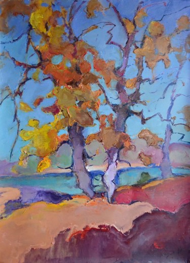 Malerei mit dem Titel "Осень над рекой Тис…" von Alexander Shandor, Original-Kunstwerk, Öl