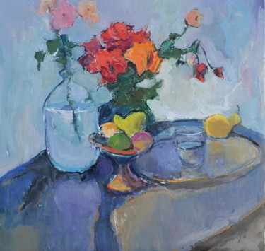 Painting titled "The bottle and roses" by Alexander Shandor, Original Artwork, Oil Mounted on Wood Stretcher frame