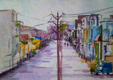 Peinture intitulée "busy-street-in-ujja…" par Shankar Rawool, Œuvre d'art originale, Encre