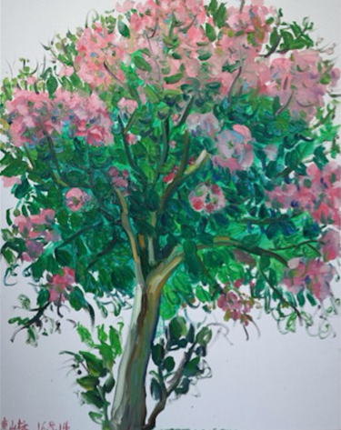 Painting titled "Lagerstroemia indica" by Shanlin Shu, Original Artwork, Oil