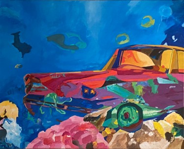 future 2065 car in the ocean with fish Painting titled "future 2065 car in…" by Shanshan Liu, Original Art, Acrylic