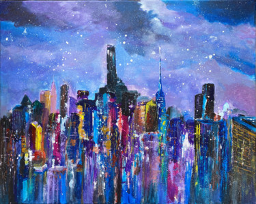 Painting titled "urban snowing night…" by Shanshan Liu, Original Artwork, Acrylic