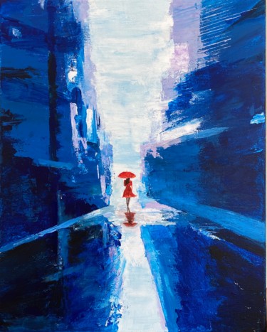 Painting titled "rainy in a blue city" by Shanshan Liu, Original Artwork, Acrylic