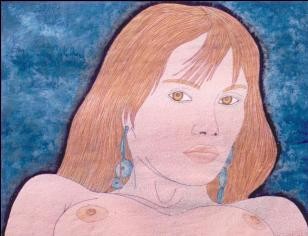 Peinture intitulée "Femme sur fond bleu" par Shantidas, Œuvre d'art originale