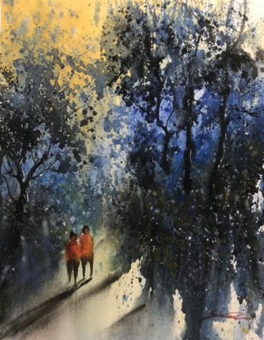 Painting titled "Excursion en Forêt" by Sabino Puma, Original Artwork, Watercolor