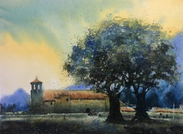 Peinture intitulée "Église de la Vallée…" par Sabino Puma, Œuvre d'art originale, Aquarelle