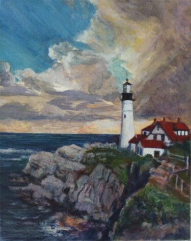 Painting titled "Portland Head Light…" by Shar'S Art, Original Artwork, Acrylic Mounted on Wood Stretcher frame