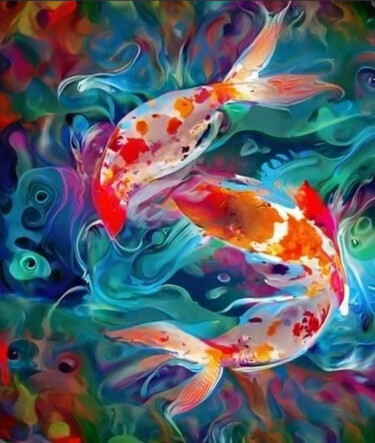 Artes digitais intitulada "Koi fish ocean sea…" por Shar'S Art, Obras de arte originais, Imagem gerada por IA