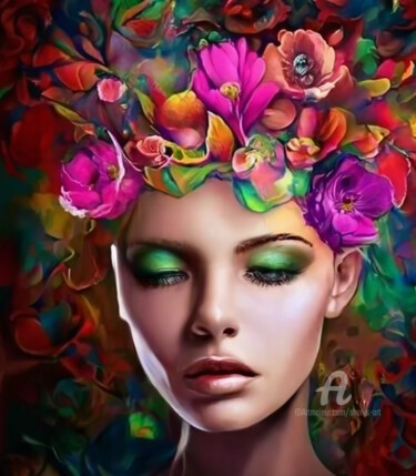 Arte digitale intitolato "Flower Girl Portrai…" da Shar'S Art, Opera d'arte originale, Immagine generata dall'IA