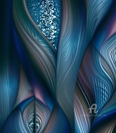 Digitale Kunst getiteld "Blue Leaves" door Shar'S Art, Origineel Kunstwerk, AI gegenereerde afbeelding
