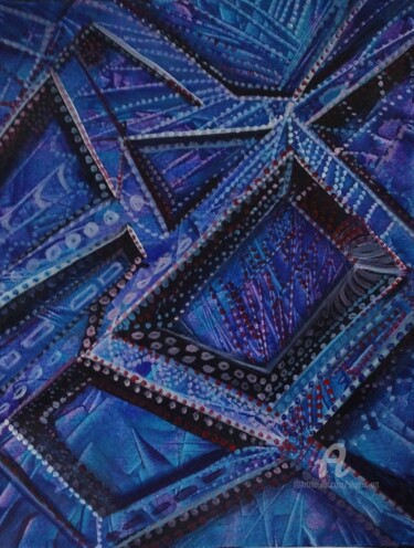 Schilderij getiteld "Beaded Blue Boxes" door Shar'S Art, Origineel Kunstwerk, Acryl Gemonteerd op Frame voor houten brancard