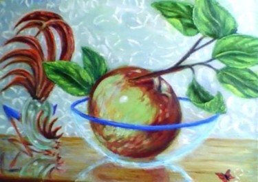 Картина под названием "Петушок и яблоко" - Елена Шарагова, Подлинное произведение искусства, Масло