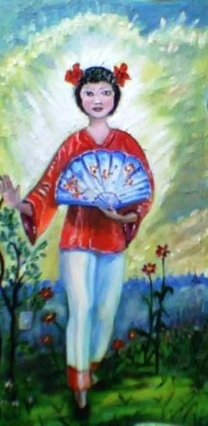 Картина под названием "китайский танец с в…" - Елена Шарагова, Подлинное произведение искусства, Масло