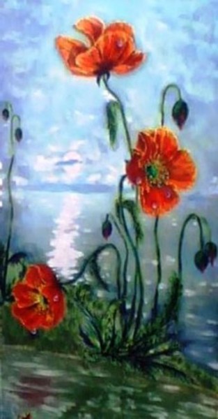 Painting titled "Маки. Рассвет." by Elena Sharagova, Original Artwork, Oil