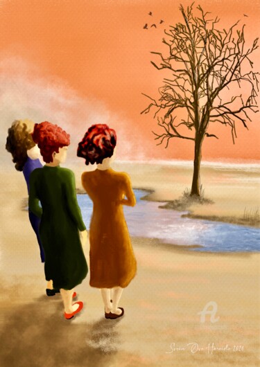 Digital Arts titled "Three ladies on the…" by Svein Ove Hareide, Original Artwork, Digital Painting