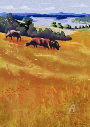 Arte digitale intitolato "Three cows graze on…" da Svein Ove Hareide, Opera d'arte originale, Pittura digitale