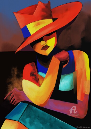 Digital Arts titled "A lady with a big h…" by Svein Ove Hareide, Original Artwork, Digital Painting