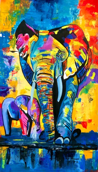 Malerei mit dem Titel "Elephant Safari by…" von Sharmene Yousuf (Meneartiste), Original-Kunstwerk, Öl