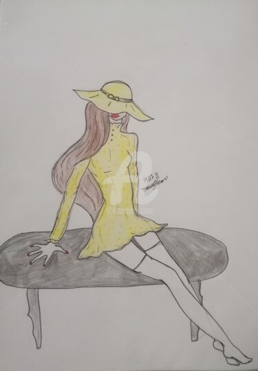 Desenho intitulada "La robe jaune" por Sharon Toudjani, Obras de arte originais, Lápis