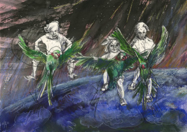 Young green. Flying on parrots - original mix-media artwork "Young green. Flying…" başlıklı Tablo Maria Shedrina tarafından, Orijinal sanat, Suluboya