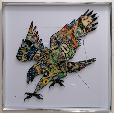 Sculptuur getiteld "Eagle Pop Art" door Shelby, Origineel Kunstwerk, Aluminium Gemonteerd op Frame voor houten brancard