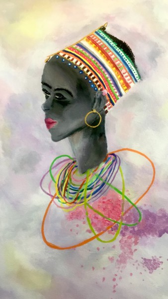 Malarstwo zatytułowany „2.	Tribal Jewelry o…” autorstwa Shelina Khimji, Oryginalna praca, Akryl Zamontowany na Drewniana ram…