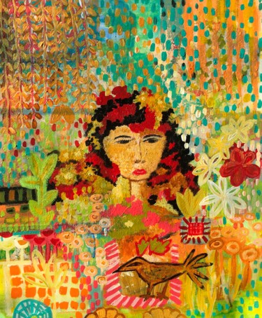Malerei mit dem Titel "fille dans le jardin" von Shelja_arts Shelja Garg, Original-Kunstwerk, Acryl