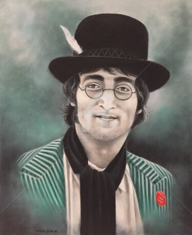 Schilderij getiteld ""John Lennon"" door Shena Ajuelos, Origineel Kunstwerk, Olie Gemonteerd op Frame voor houten brancard