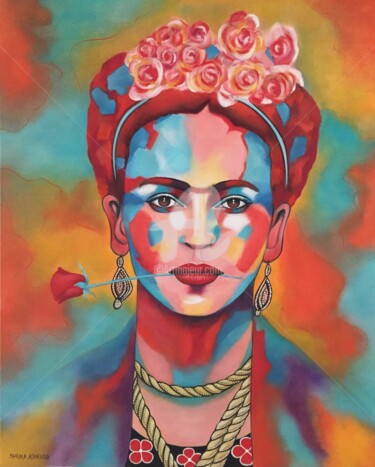 Painting titled ""Frida Kahlo"" by Shena Ajuelos, Original Artwork, Oil Mounted on Wood Stretcher frame