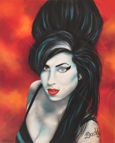 Painting titled "Amy Winehouse" by Shena Ajuelos, Original Artwork, Oil Mounted on Wood Stretcher frame