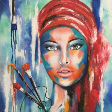 Painting titled ""L'artiste"" by Shena Ajuelos, Original Artwork, Oil Mounted on Wood Stretcher frame