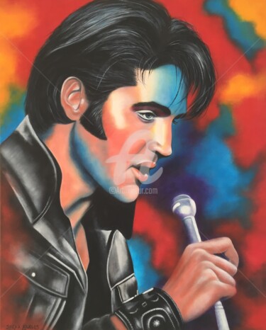 Painting titled "Elvis Presley" by Shena Ajuelos, Original Artwork, Oil Mounted on Wood Stretcher frame