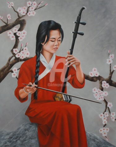 Painting titled ""La musicienne"" by Shena Ajuelos, Original Artwork, Oil