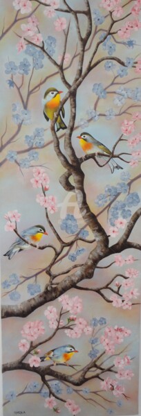 Peinture intitulée ""Oiseaux sur la bra…" par Shena Ajuelos, Œuvre d'art originale, Huile