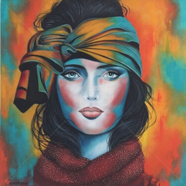 Peinture intitulée ""Femme au turban"" par Shena Ajuelos, Œuvre d'art originale, Huile Monté sur Châssis en bois