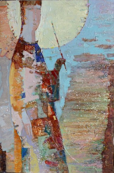 Картина под названием "Девушка с зонтиком" - Владимир Шевардин, Подлинное произведение искусства, Масло
