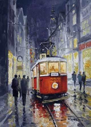 Painting titled "Old Tram, Prague" by Shevchuk, Original Artwork