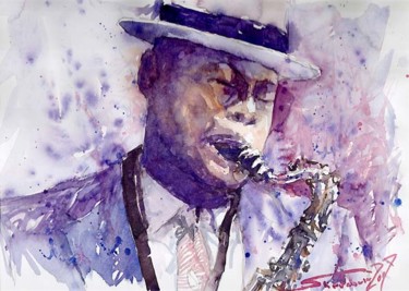 Pittura intitolato "Jazz Saxophonist" da Yuriy Shevchuk, Opera d'arte originale, Acquarello