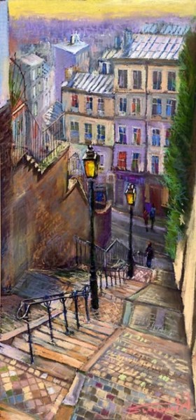 Malerei mit dem Titel "Paris Montmartre" von Yuriy Shevchuk, Original-Kunstwerk, Pastell