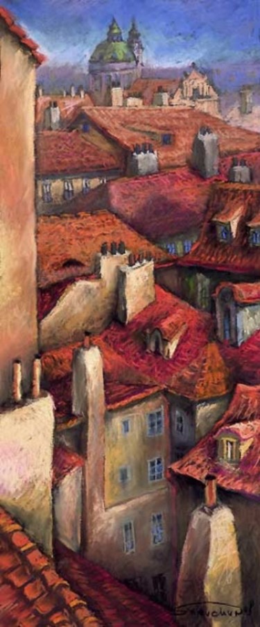 Malerei mit dem Titel "Prague Roofs" von Yuriy Shevchuk, Original-Kunstwerk, Pastell